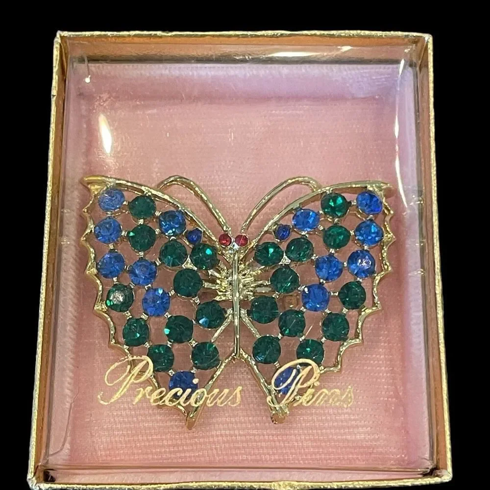 Vintage Blue Green Red Rhinestone Butterfly Figural Brooch Pin + Original Box